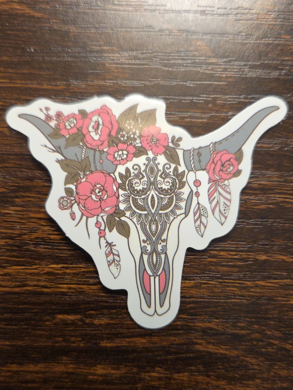 Floral Bull Skull Wall Decal in Pink and Tan